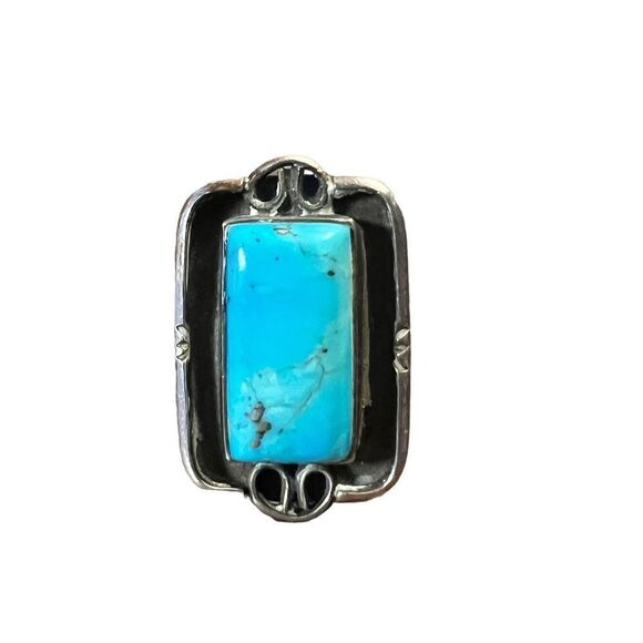 Vintage Southwestern Solid Silver Large Kingman Turquoise Totem Ring Size 5.5 - Picture 2 of 14